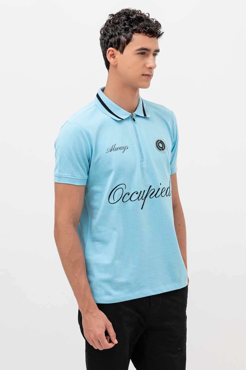 Mens Polo Neck Half Sleeve T-Shirt with Chest Embroidery & Badge Stone Blue