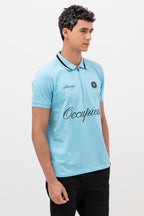 Mens Polo Neck Half Sleeve T-Shirt with Chest Embroidery & Badge Stone Blue