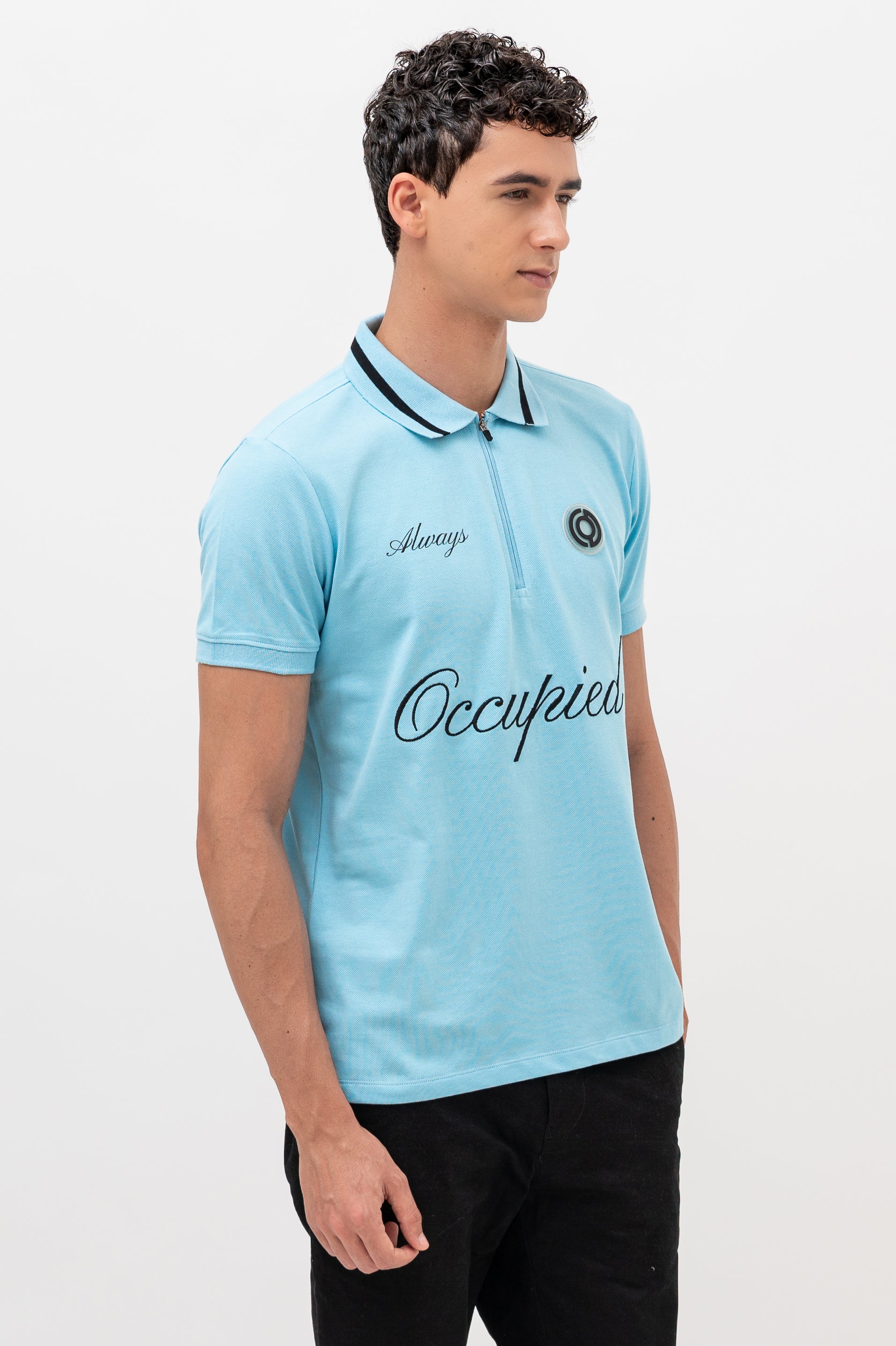 Mens Polo Neck Half Sleeve T-Shirt with Chest Embroidery & Badge Stone Blue