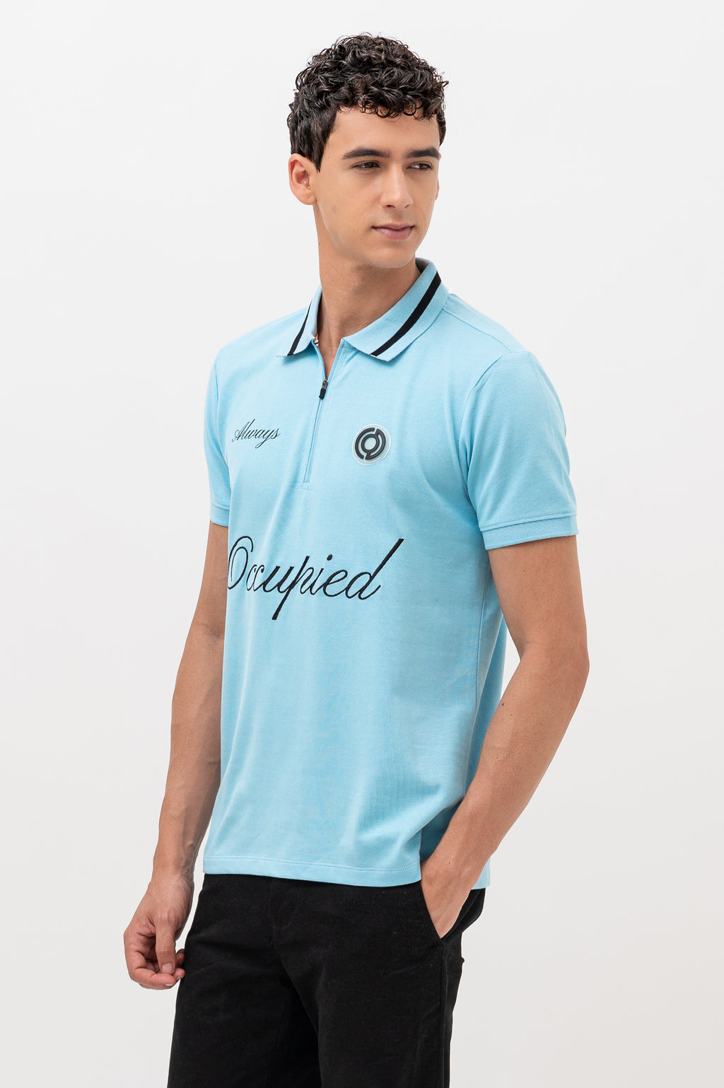 Mens Polo Neck Half Sleeve T-Shirt with Chest Embroidery & Badge Stone Blue