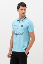 Mens Polo Neck Half Sleeve T-Shirt with Chest Embroidery & Badge Stone Blue