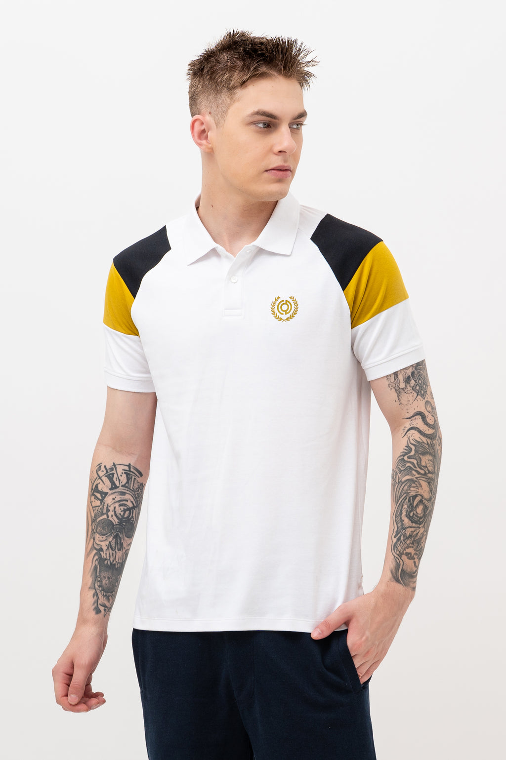 Mens Polo Neck Half Sleeve T-Shirt with  Chest Badge & Contrast Placket White