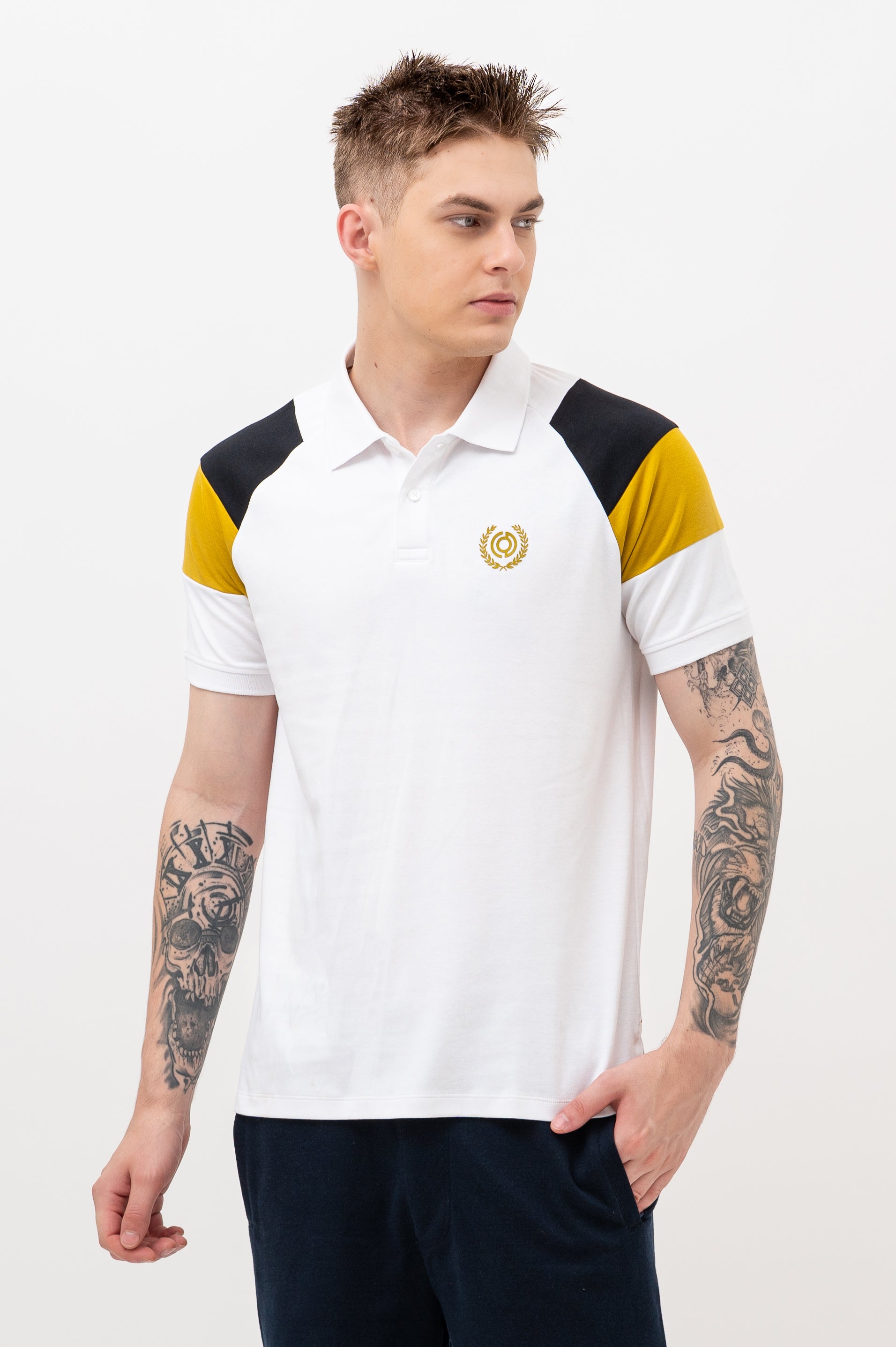 Mens Polo Neck Half Sleeve T-Shirt with  Chest Badge & Contrast Placket White