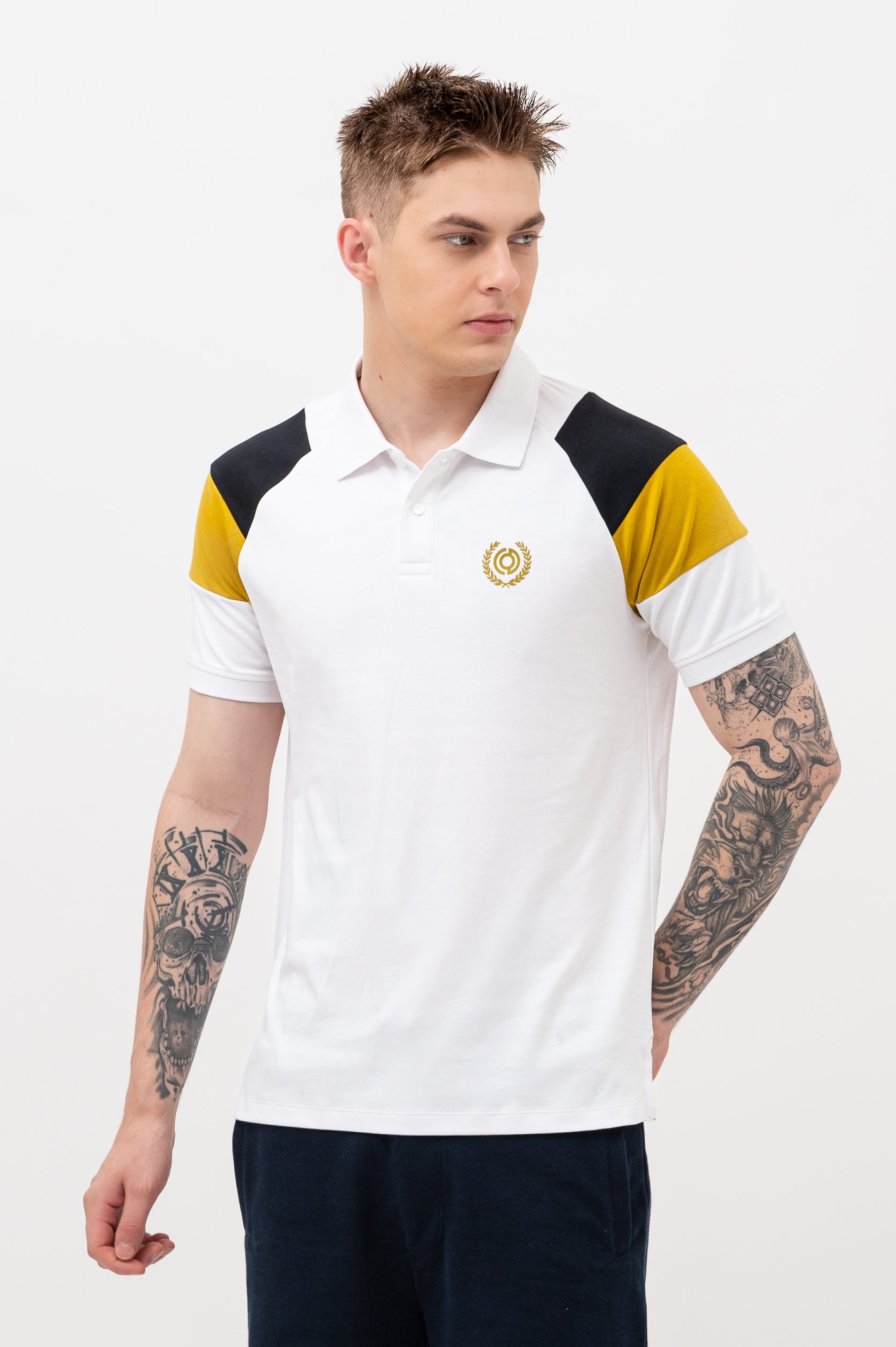 Mens Polo Neck Half Sleeve T-Shirt with  Chest Badge & Contrast Placket White
