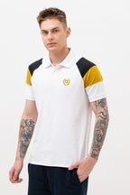 Mens Polo Neck Half Sleeve T-Shirt with  Chest Badge & Contrast Placket White