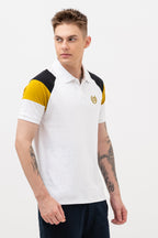 Mens Polo Neck Half Sleeve T-Shirt with  Chest Badge & Contrast Placket White