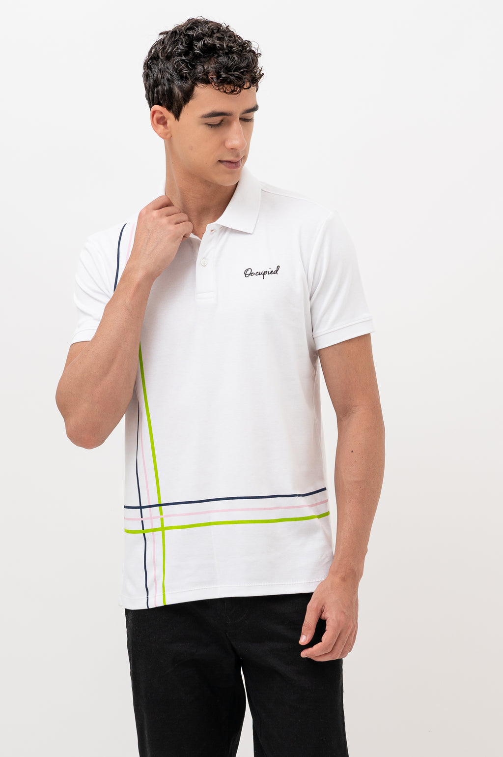 Mens Polo Neck Half Sleeve T-Shirt with Cut and Sew Contrast Sleeve White