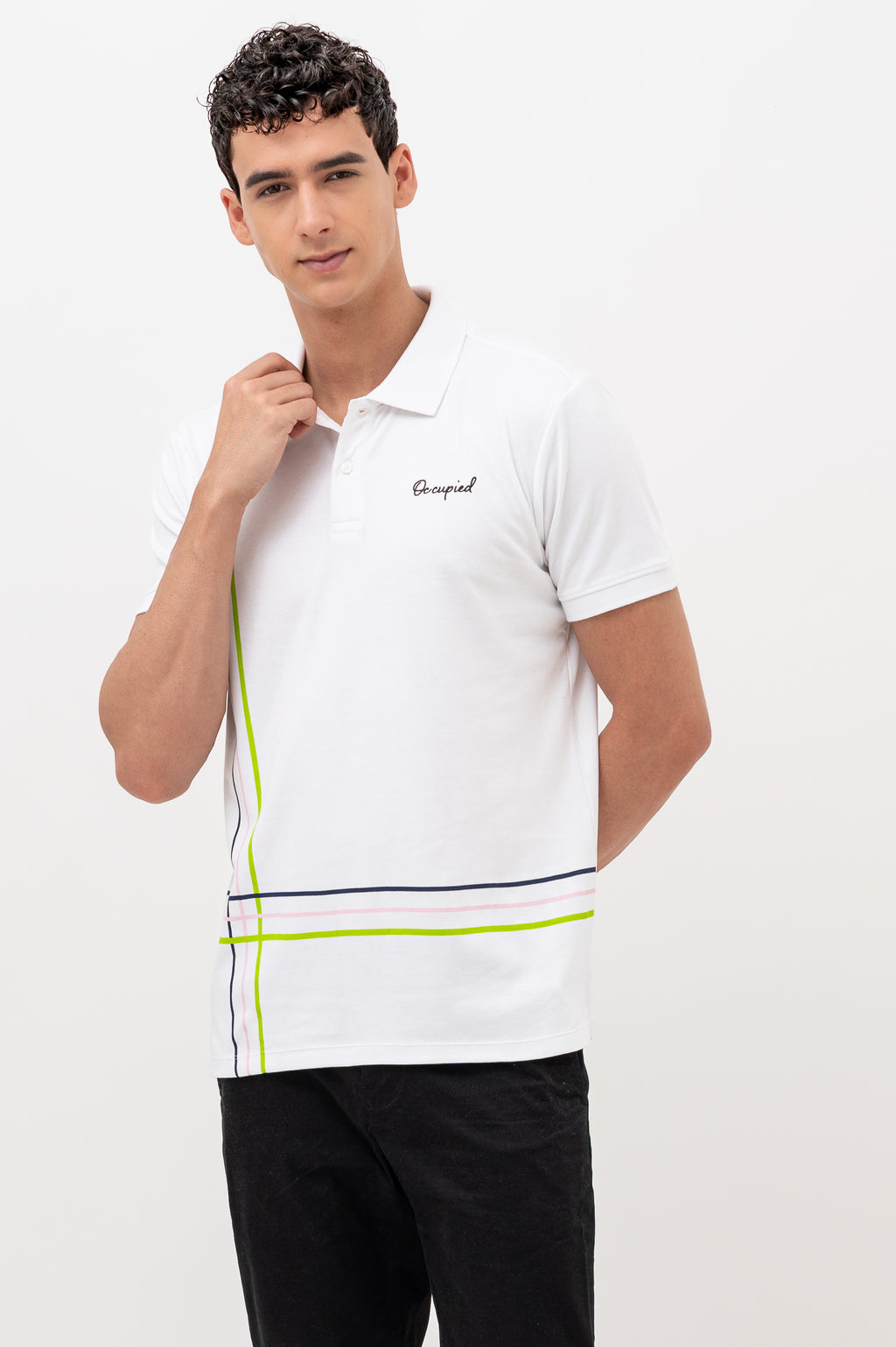 Mens Polo Neck Half Sleeve T-Shirt with Cut and Sew Contrast Sleeve White