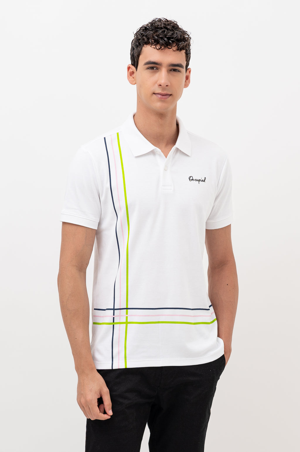 Mens Polo Neck Half Sleeve T-Shirt with Cut and Sew Contrast Sleeve White