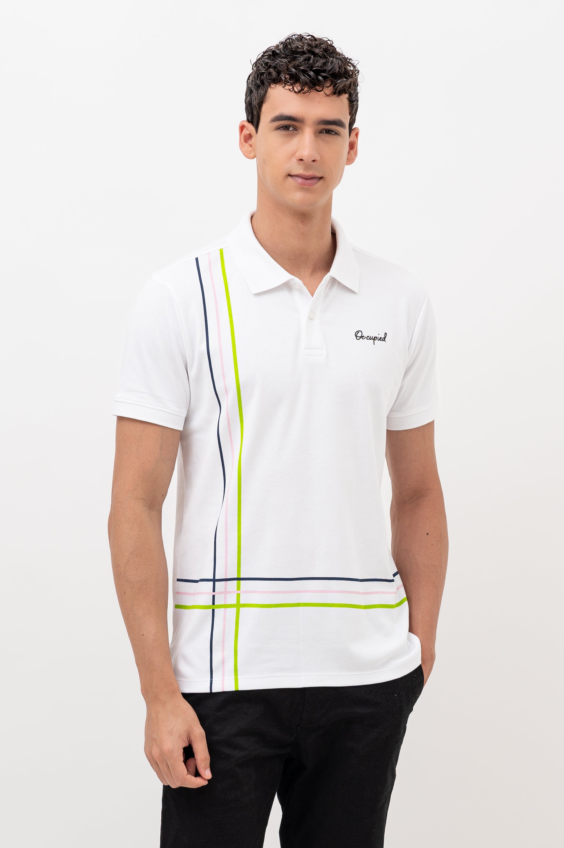 Mens Polo Neck Half Sleeve T-Shirt with Cut and Sew Contrast Sleeve White