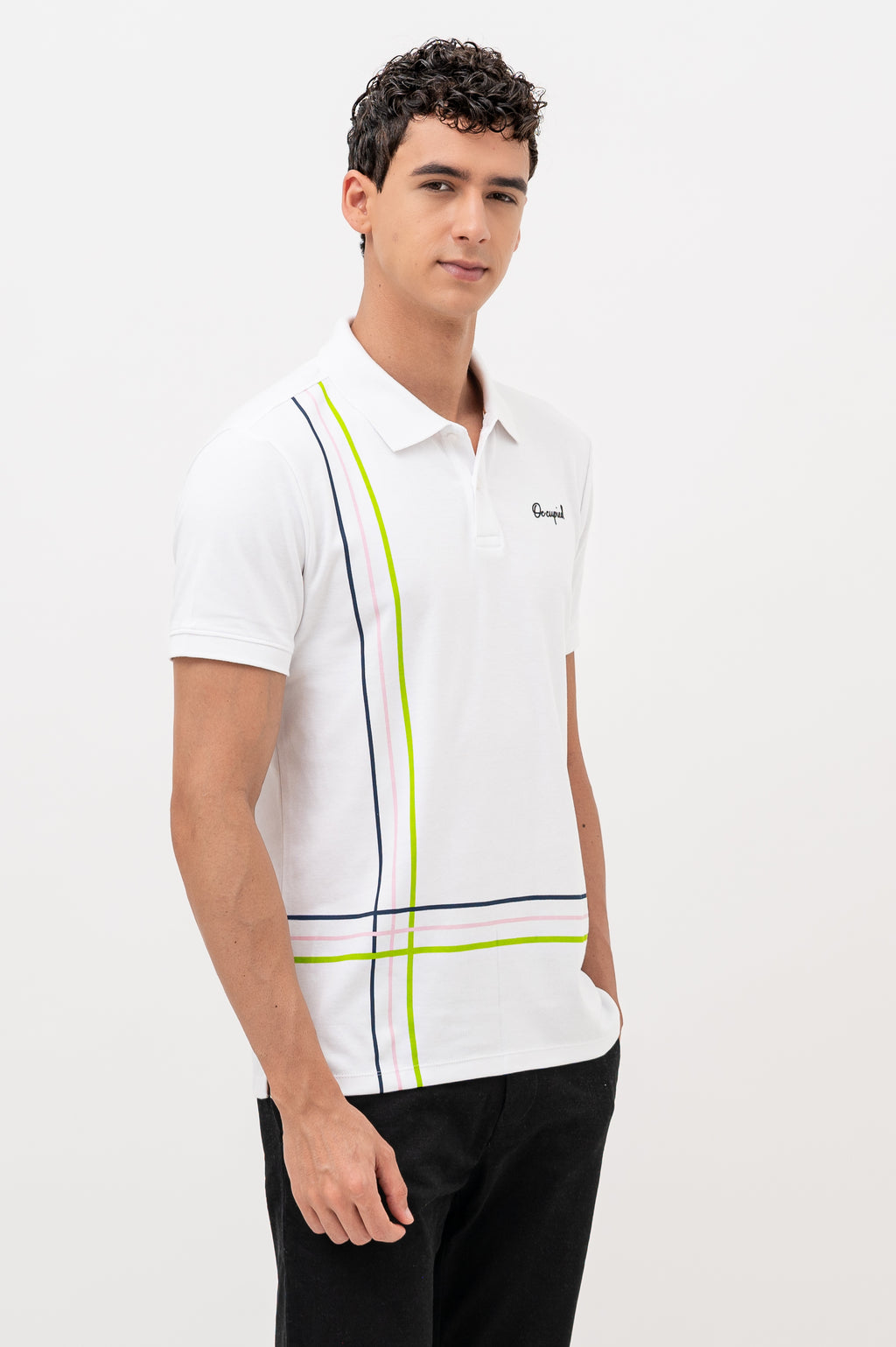 Mens Polo Neck Half Sleeve T-Shirt with Cut and Sew Contrast Sleeve White