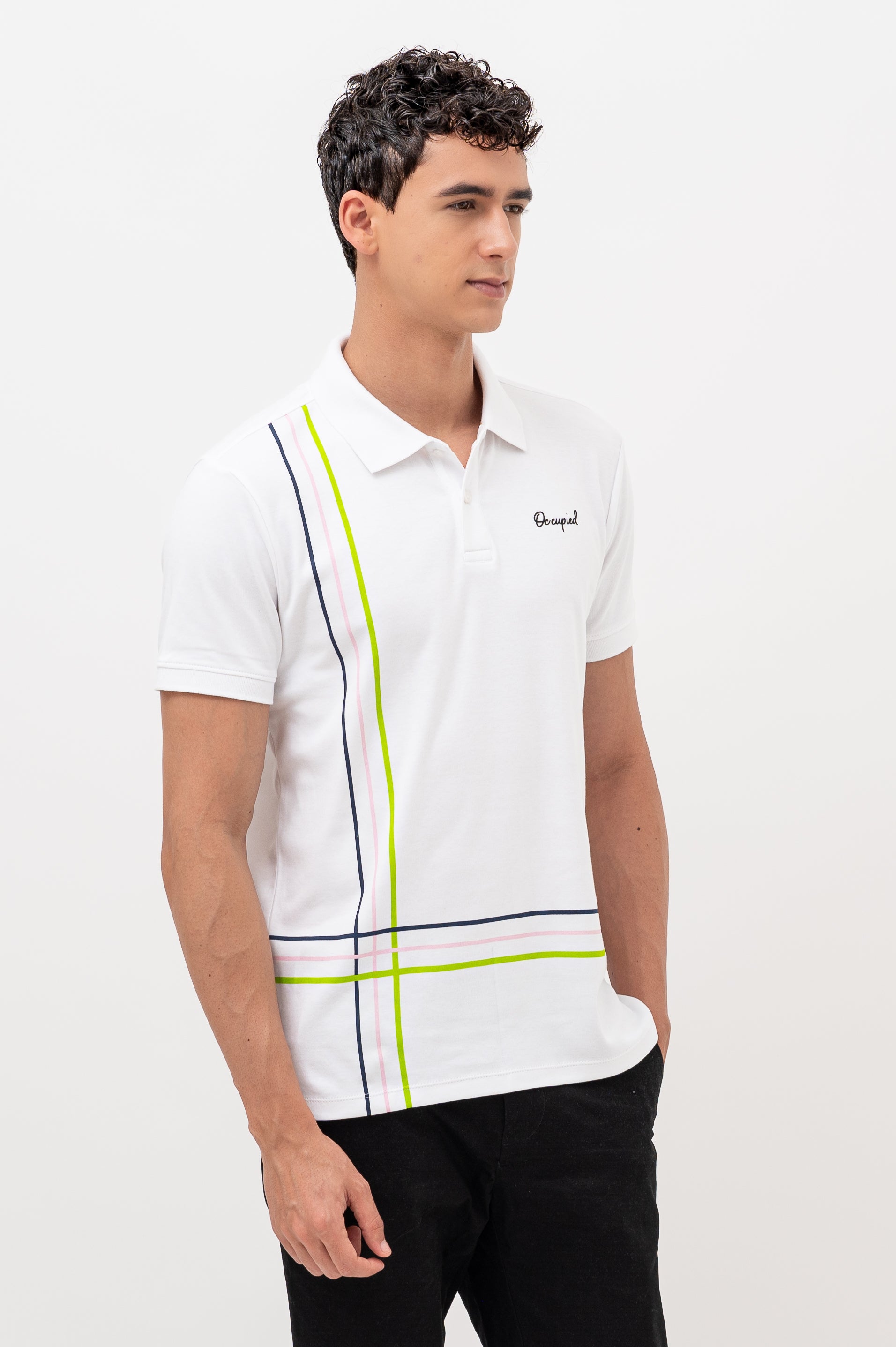 Mens Polo Neck Half Sleeve T-Shirt with Cut and Sew Contrast Sleeve White