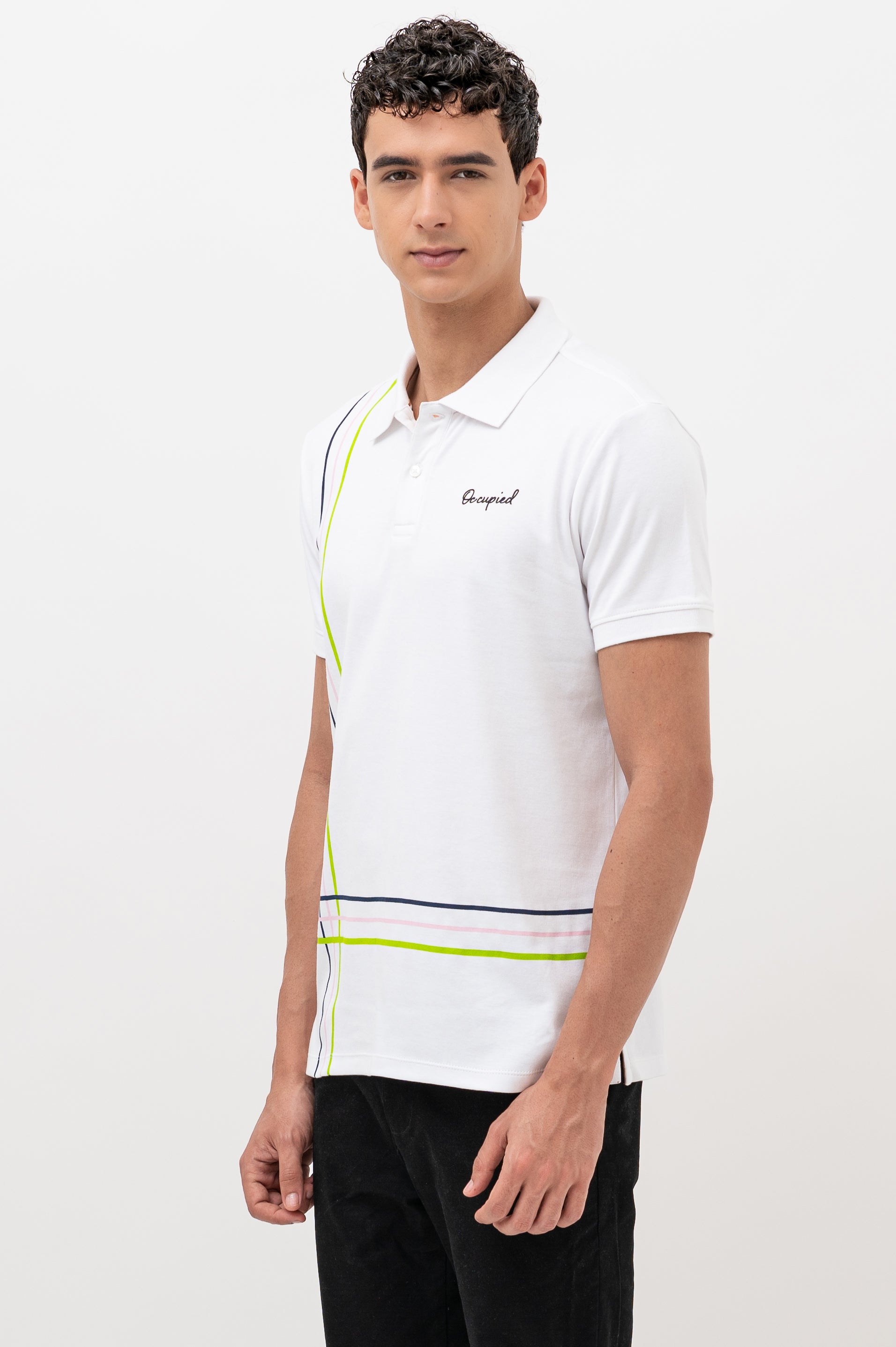 Mens Polo Neck Half Sleeve T-Shirt with Cut and Sew Contrast Sleeve White