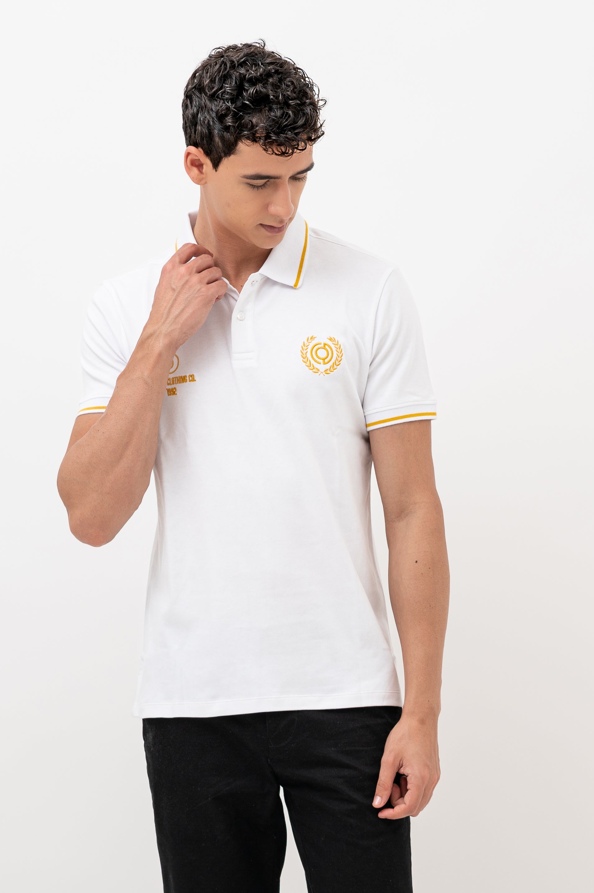 Mens Polo Neck Half Sleeve T-Shirt with Collar Tipping & Chest Embroidery White