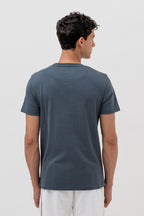 Mens Crew Neck Half Sleeve T-Shirt with Chest Print & Woven Badge Grey