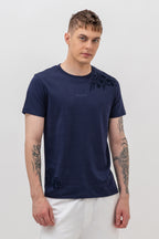 Mens Crew Neck Half Sleeve T-Shirt with  Chest Print Navy Blue