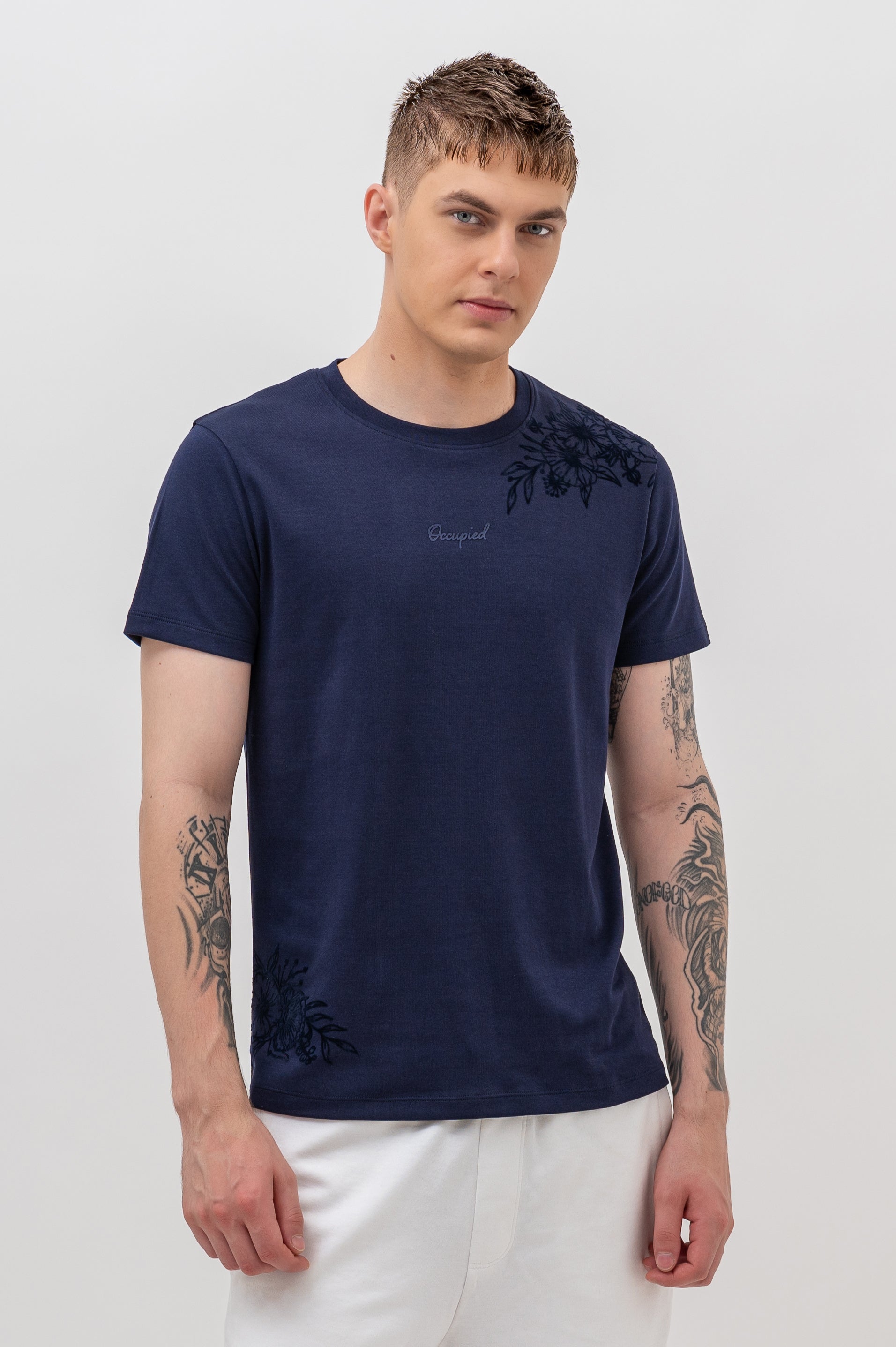 Mens Crew Neck Half Sleeve T-Shirt with  Chest Print Navy Blue