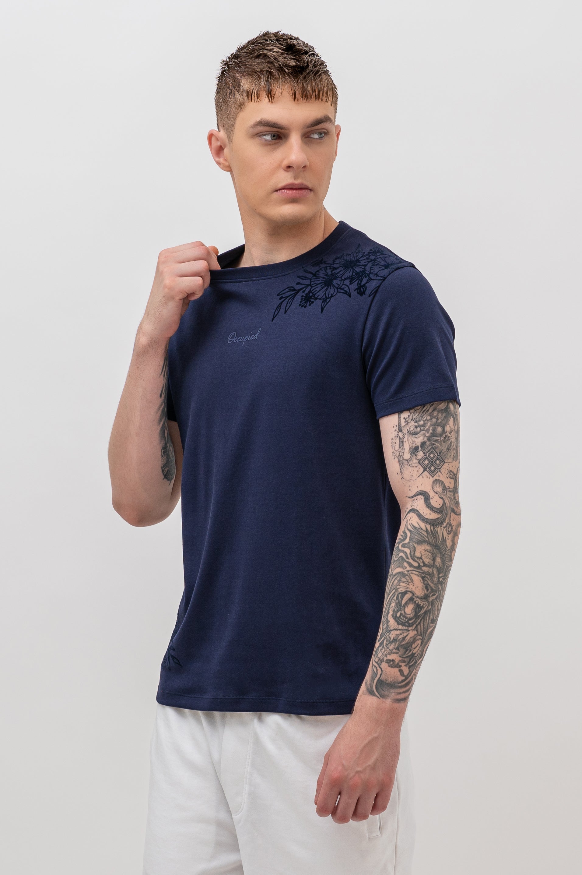 Mens Crew Neck Half Sleeve T-Shirt with  Chest Print Navy Blue
