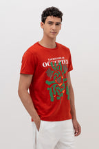 Mens Crew Neck Half Sleeve T-Shirt with Chest Print & Puff Effect Maroon