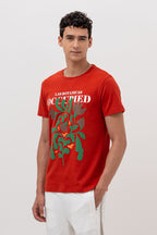 Mens Crew Neck Half Sleeve T-Shirt with Chest Print & Puff Effect Maroon