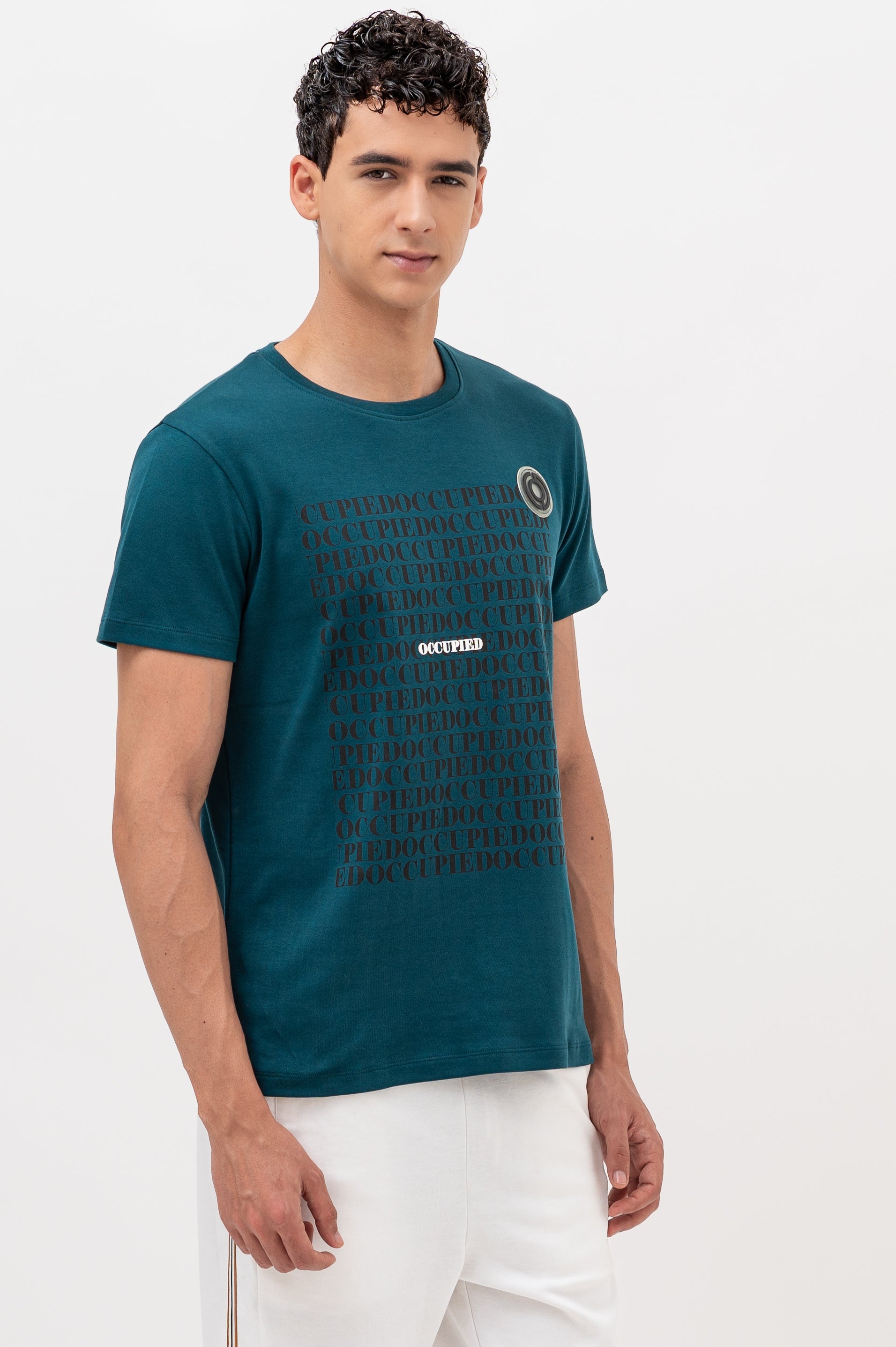 Mens Crew Neck Half Sleeve T-Shirt with and Silicon Chest Print & Badge Green