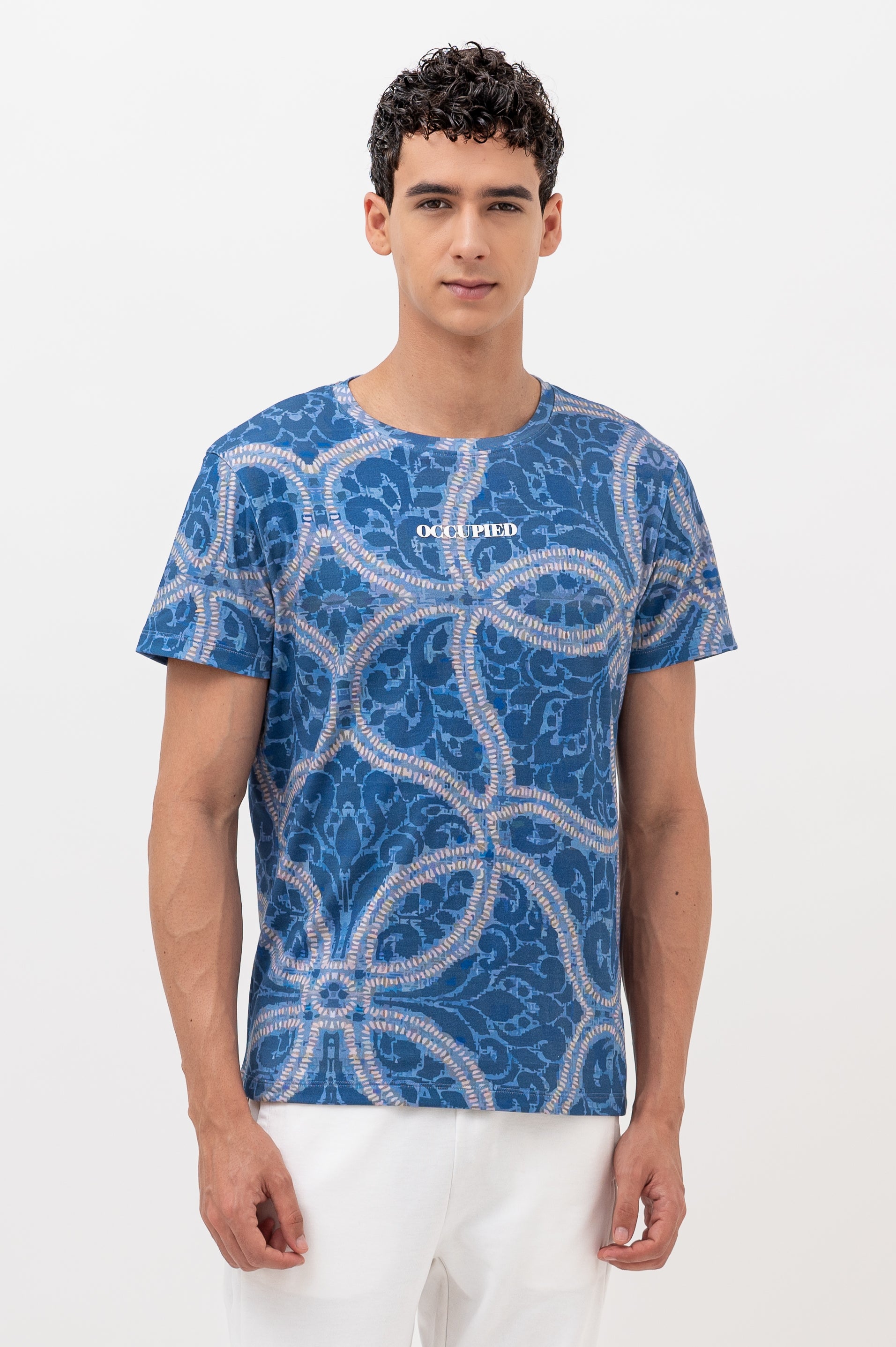 Mens Crew Neck Half Sleeve T-Shirt with Chest Print Blue