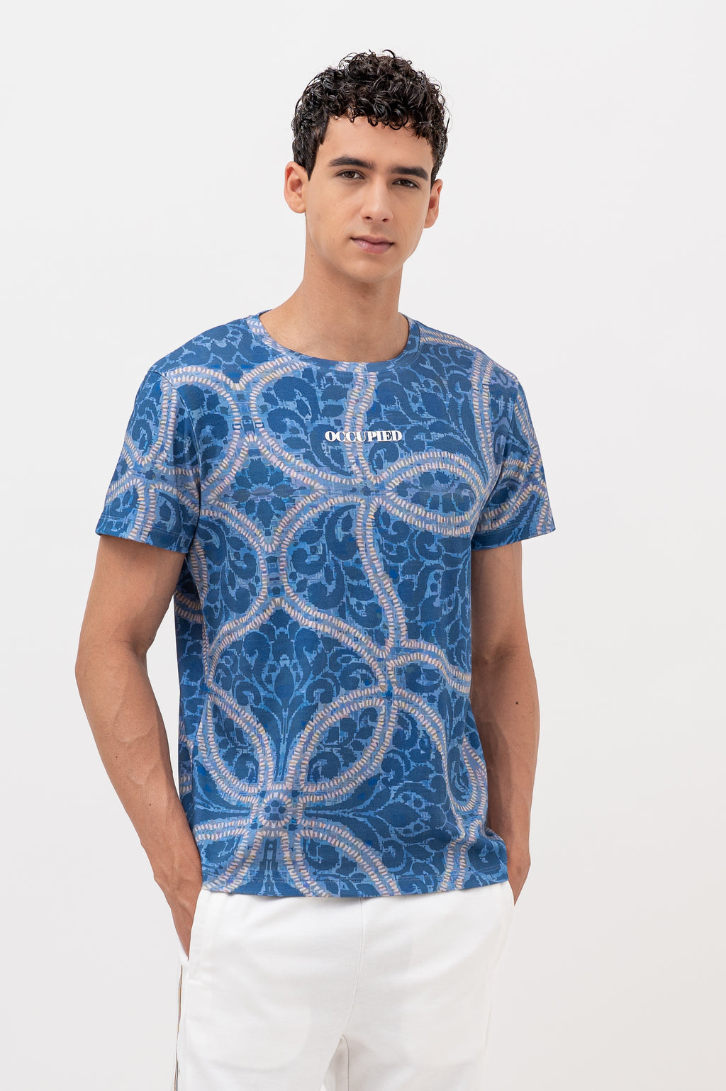 Mens Crew Neck Half Sleeve T-Shirt with Chest Print Blue