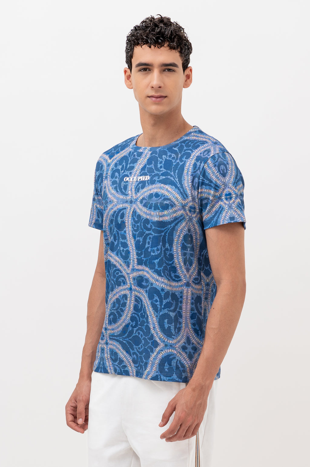Mens Crew Neck Half Sleeve T-Shirt with Chest Print Blue