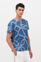 Mens Crew Neck Half Sleeve T-Shirt with Chest Print Blue