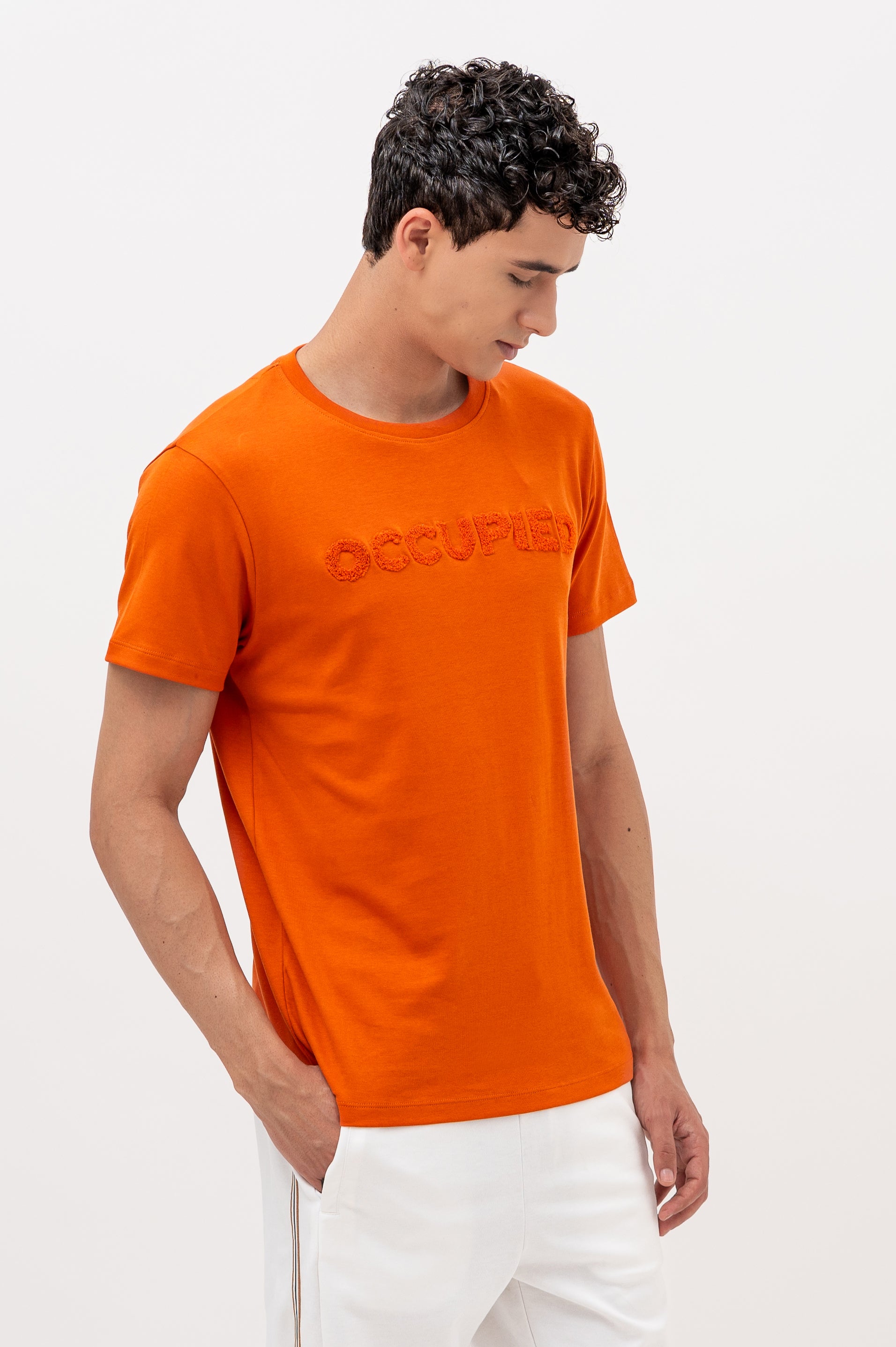 Mens Crew Neck Half Sleeve T-Shirt with Chenille Embroidery Orange