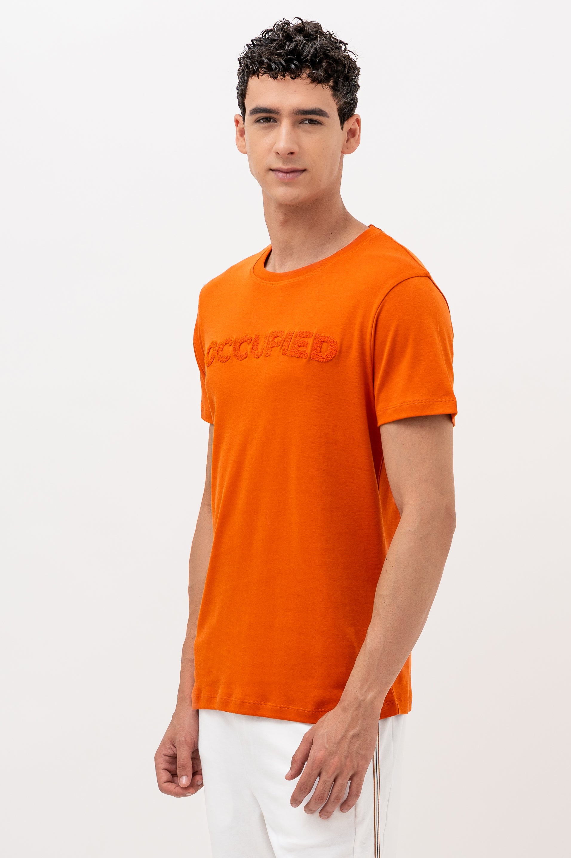 Mens Crew Neck Half Sleeve T-Shirt with Chenille Embroidery Orange