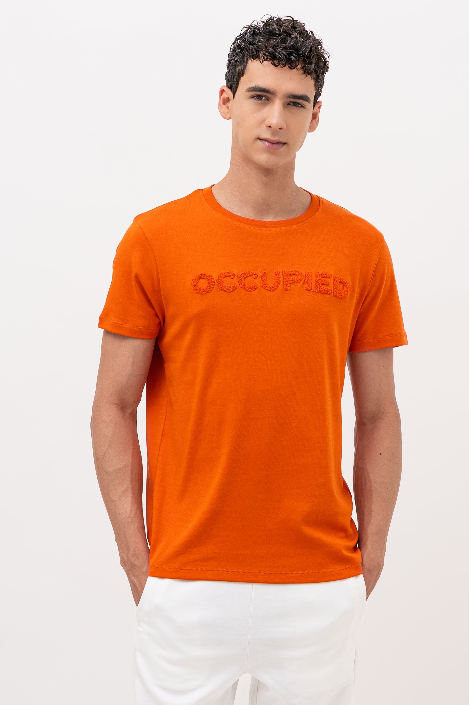 Mens Crew Neck Half Sleeve T-Shirt with Chenille Embroidery Orange