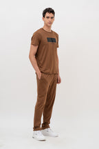 Mens Co-Ords Set with Puff Chest Print Brown