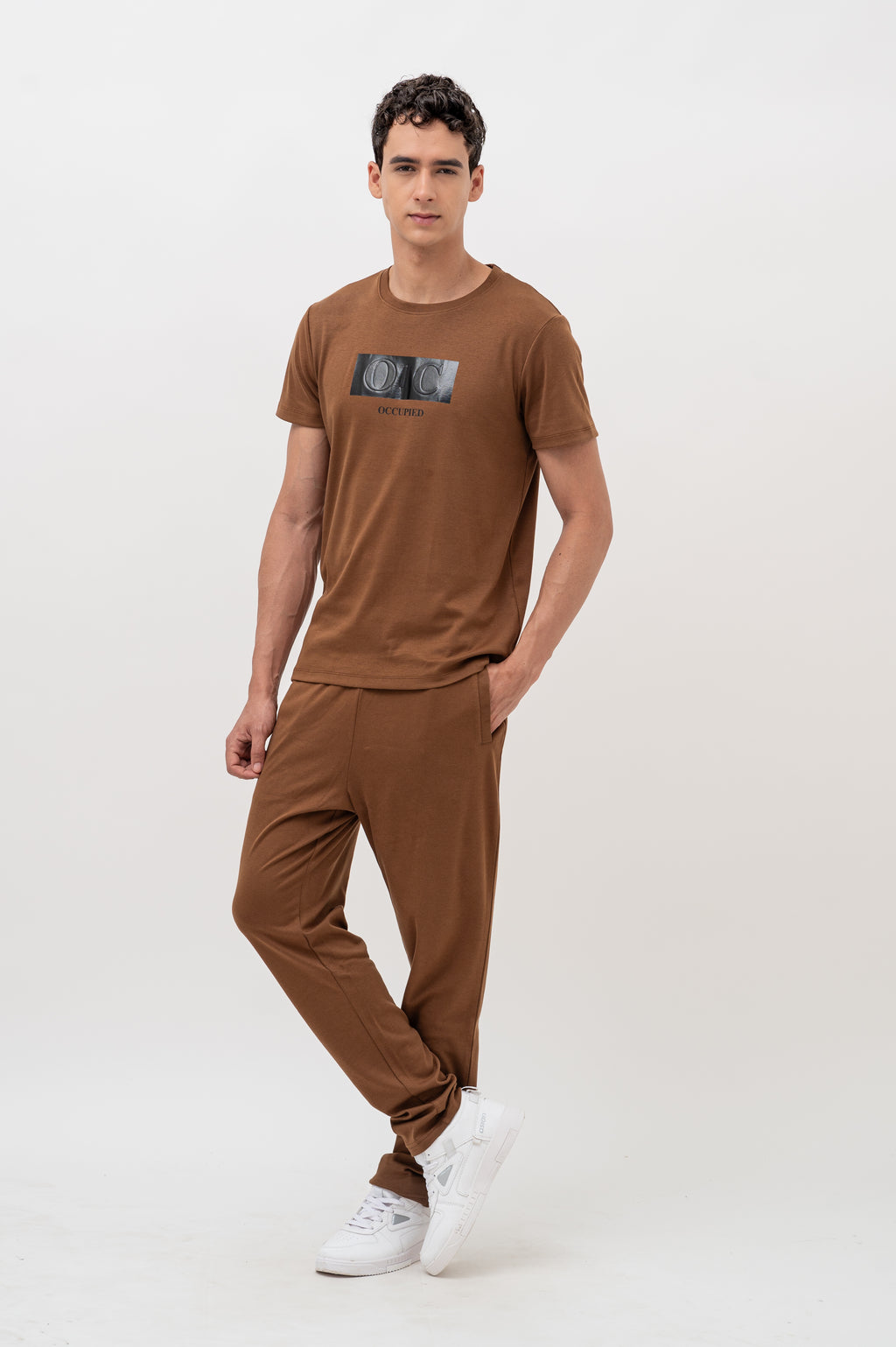 Mens Co-Ords Set with Puff Chest Print Brown