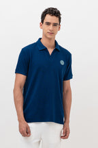 Mens Polo Neck Half Sleeve T-Shirt with Open Placket & HD Badge Navy