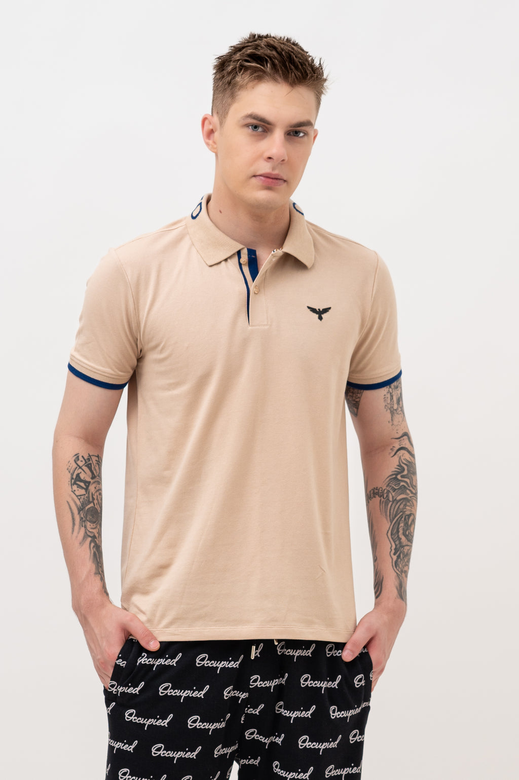 Mens Polo Neck Half Sleeve T-Shirt with  Chest Badge & Contrast Placket Brown