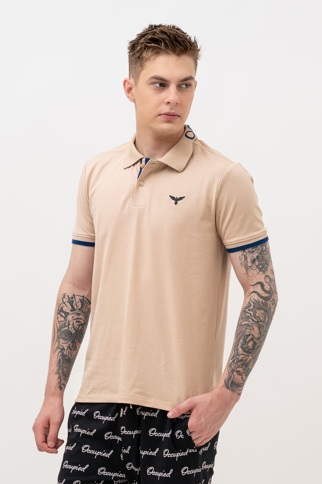 Mens Polo Neck Half Sleeve T-Shirt with  Chest Badge & Contrast Placket Brown