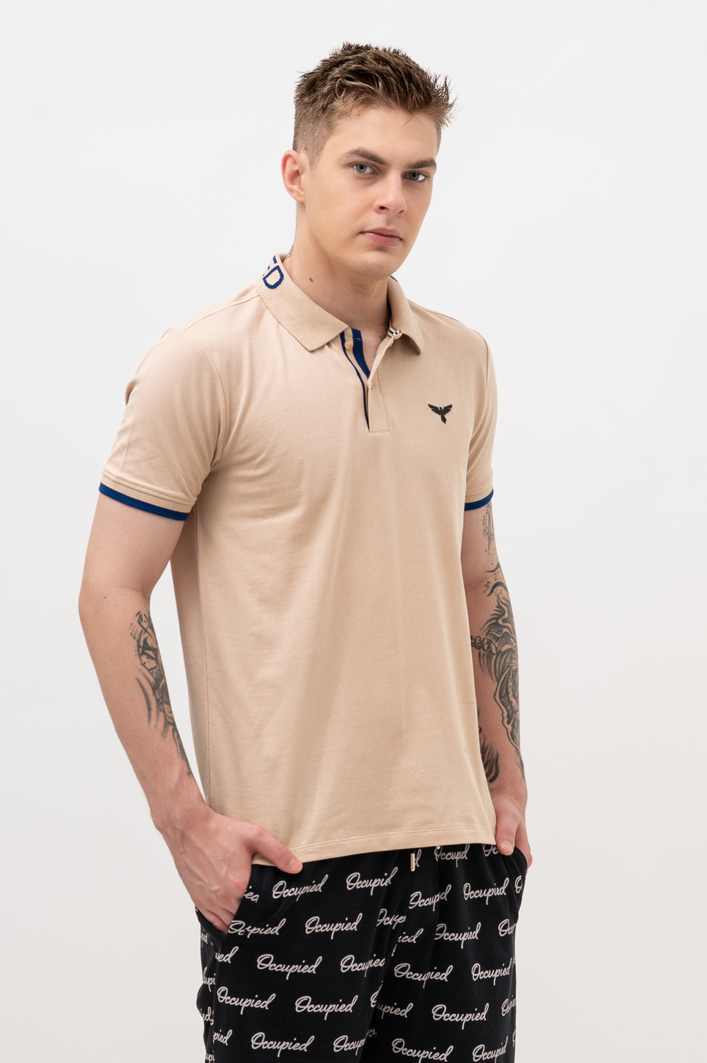 Mens Polo Neck Half Sleeve T-Shirt with  Chest Badge & Contrast Placket Brown
