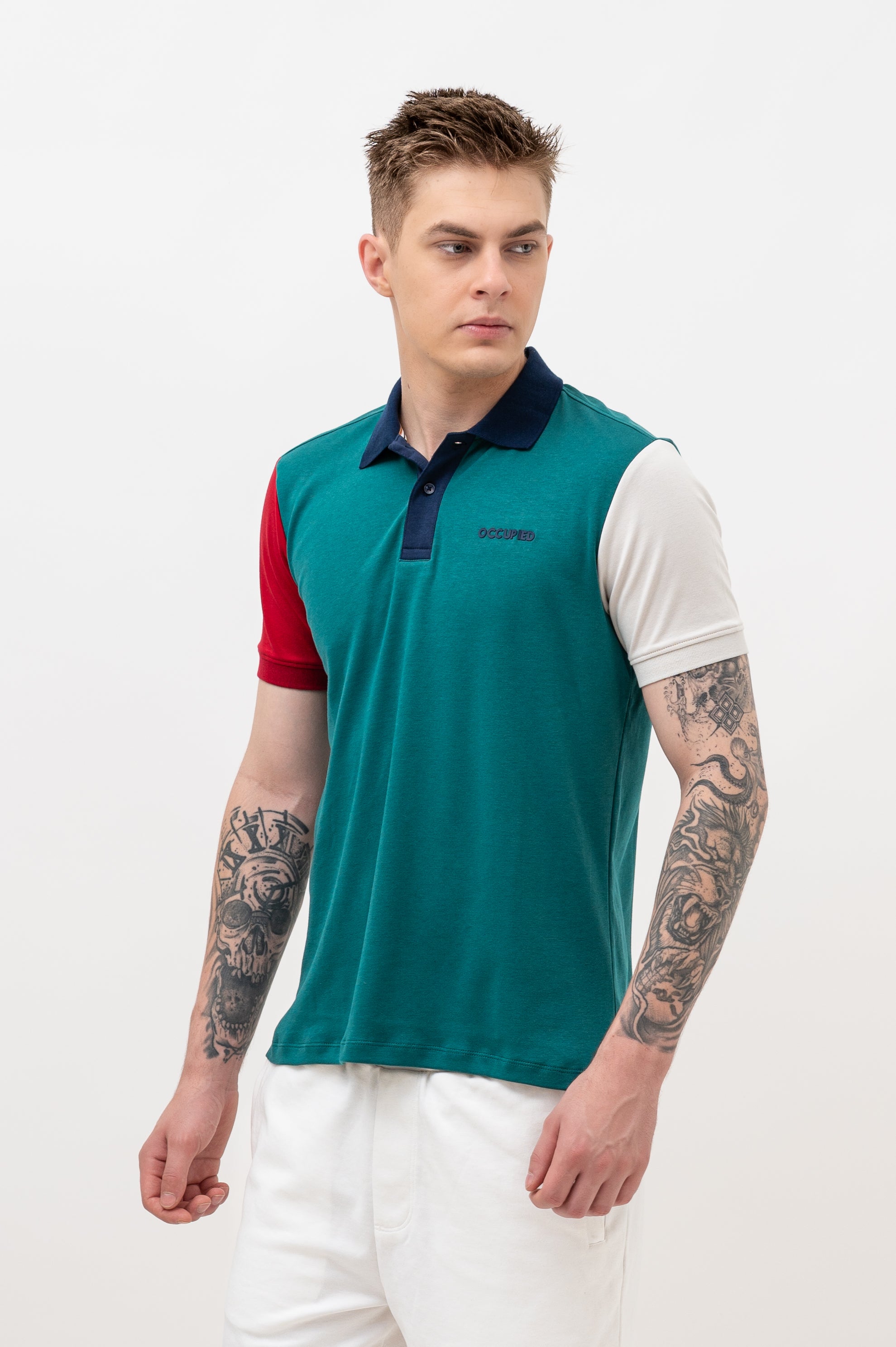 Mens Polo Neck Half Sleeve T-Shirt with Cut and Sew Contrast Sleeve Multicolor