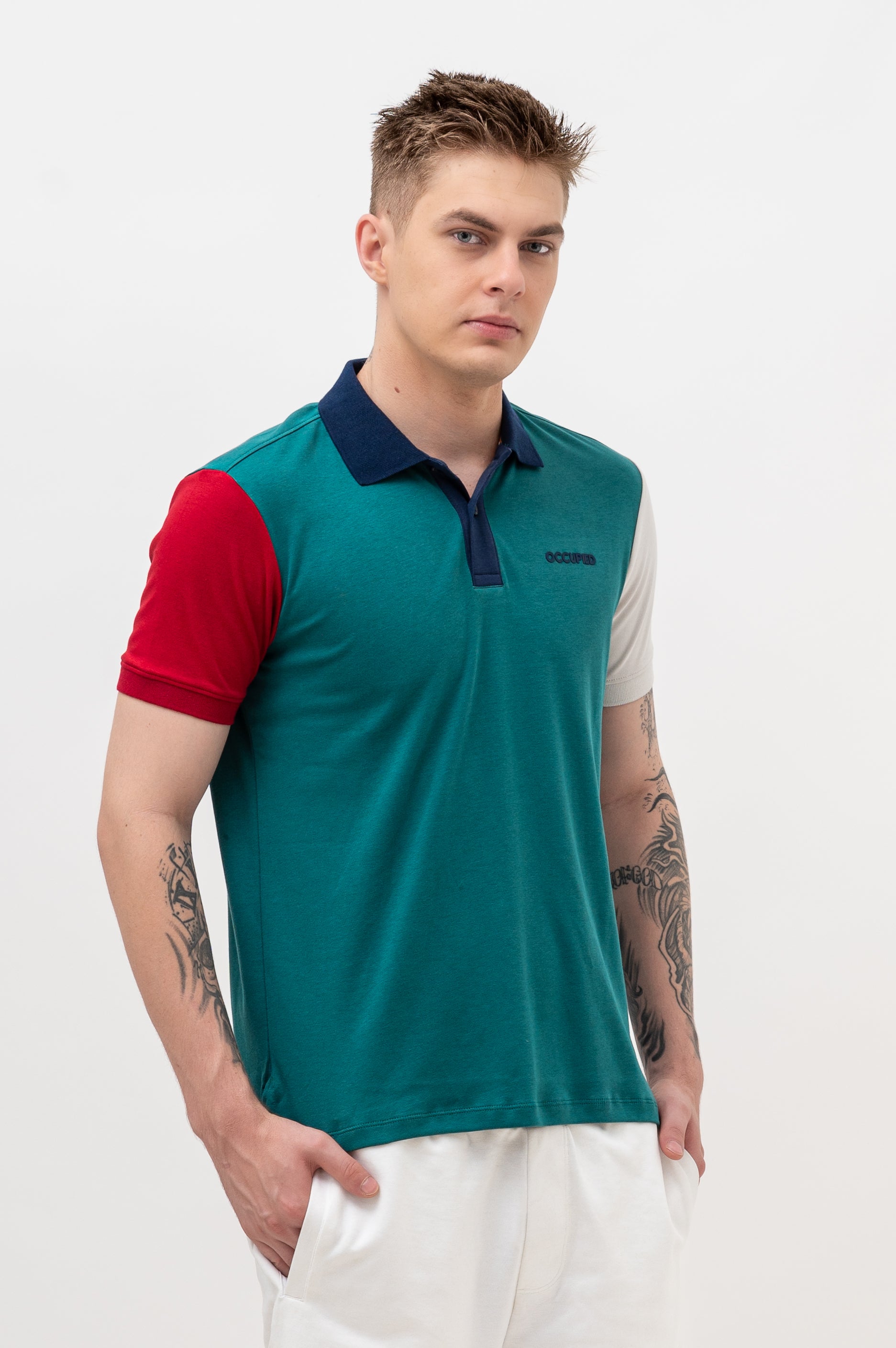 Mens Polo Neck Half Sleeve T-Shirt with Cut and Sew Contrast Sleeve Multicolor