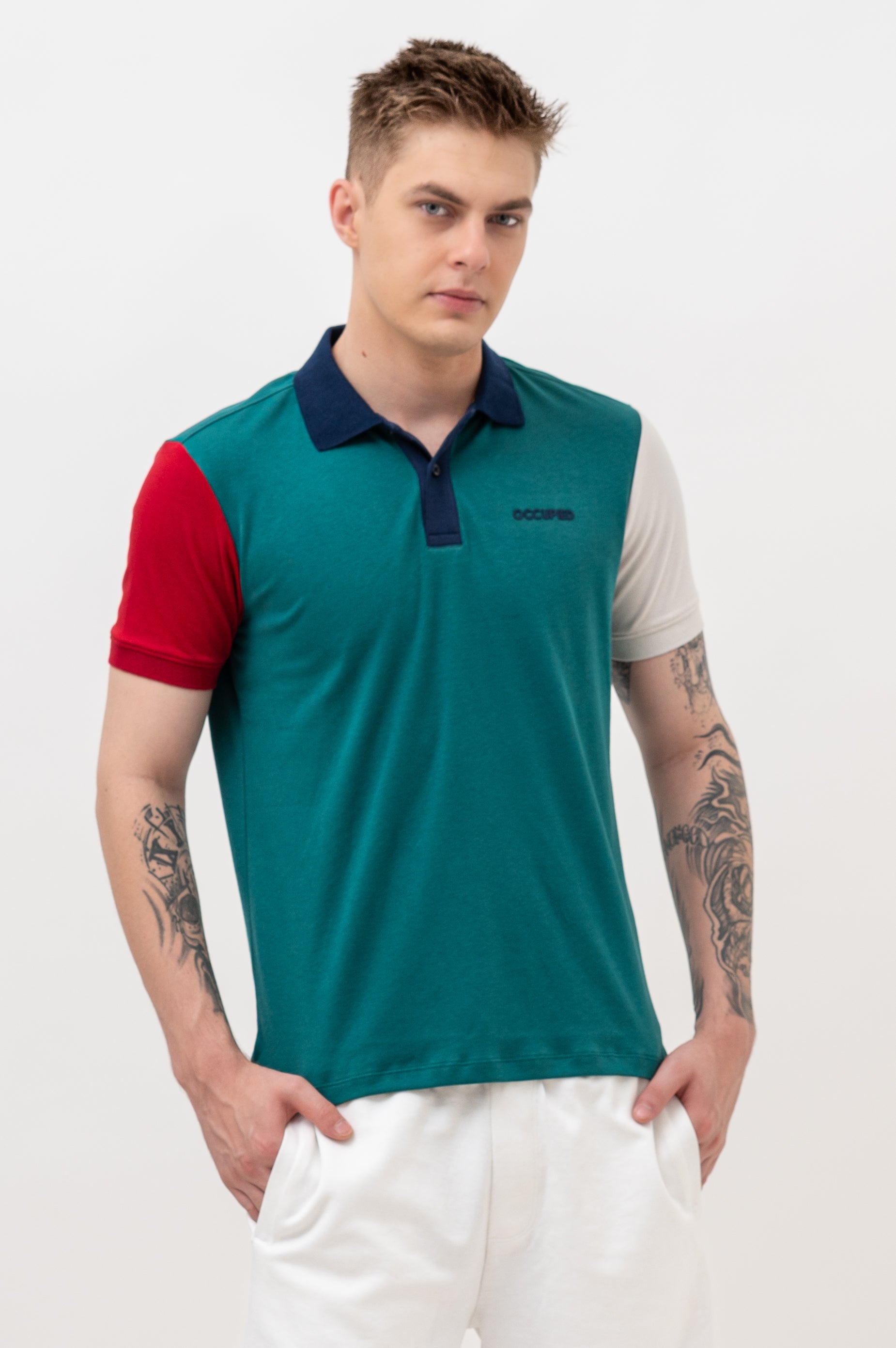 Mens Polo Neck Half Sleeve T-Shirt with Cut and Sew Contrast Sleeve Multicolor