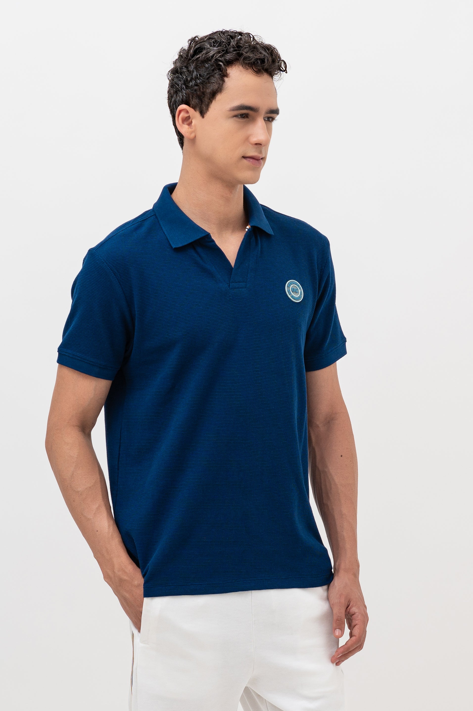 Mens Polo Neck Half Sleeve T-Shirt with Open Placket & HD Badge Navy