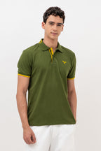 Mens Polo Neck Half Sleeve T-Shirt with  Chest Badge & Contrast Placket Olive