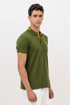 Mens Polo Neck Half Sleeve T-Shirt with  Chest Badge & Contrast Placket Olive