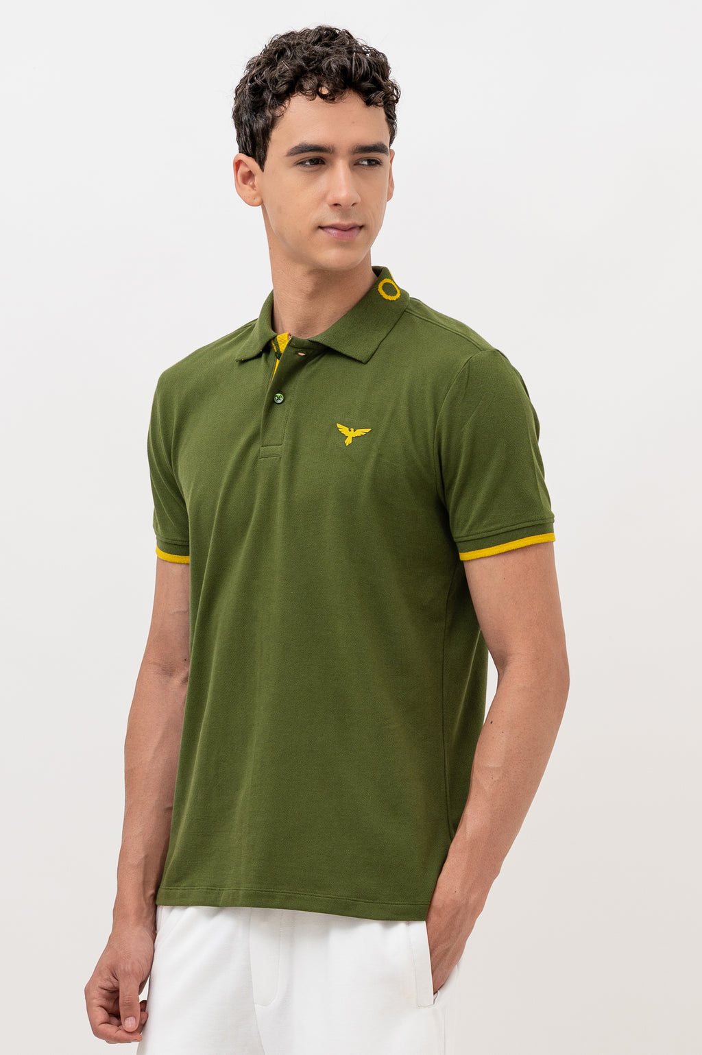 Mens Polo Neck Half Sleeve T-Shirt with  Chest Badge & Contrast Placket Olive