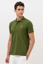Mens Polo Neck Half Sleeve T-Shirt with  Chest Badge & Contrast Placket Olive