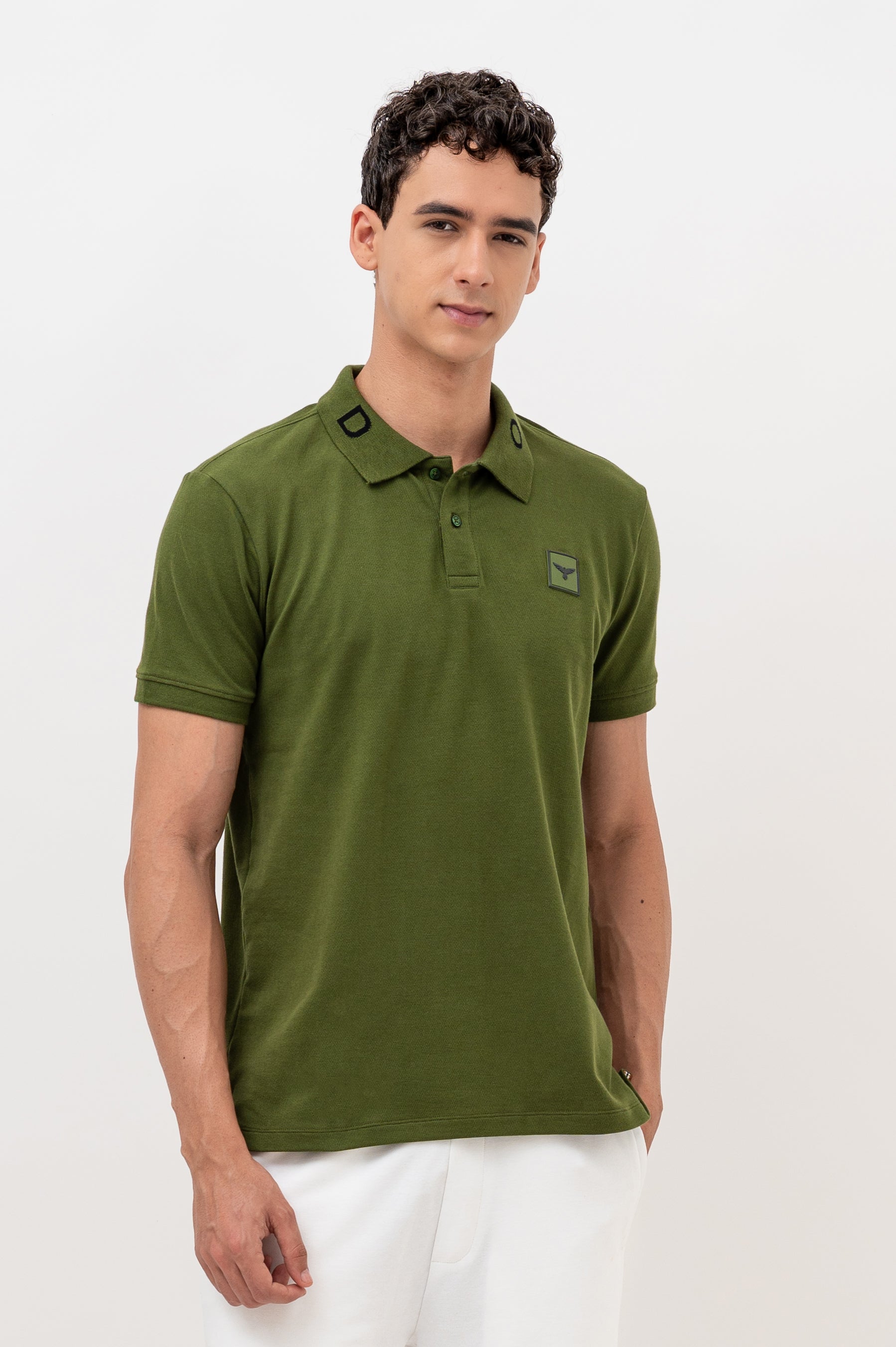 Mens Polo Neck Half Sleeve T-Shirt with Cut and Sew Contrast Sleeve Olive