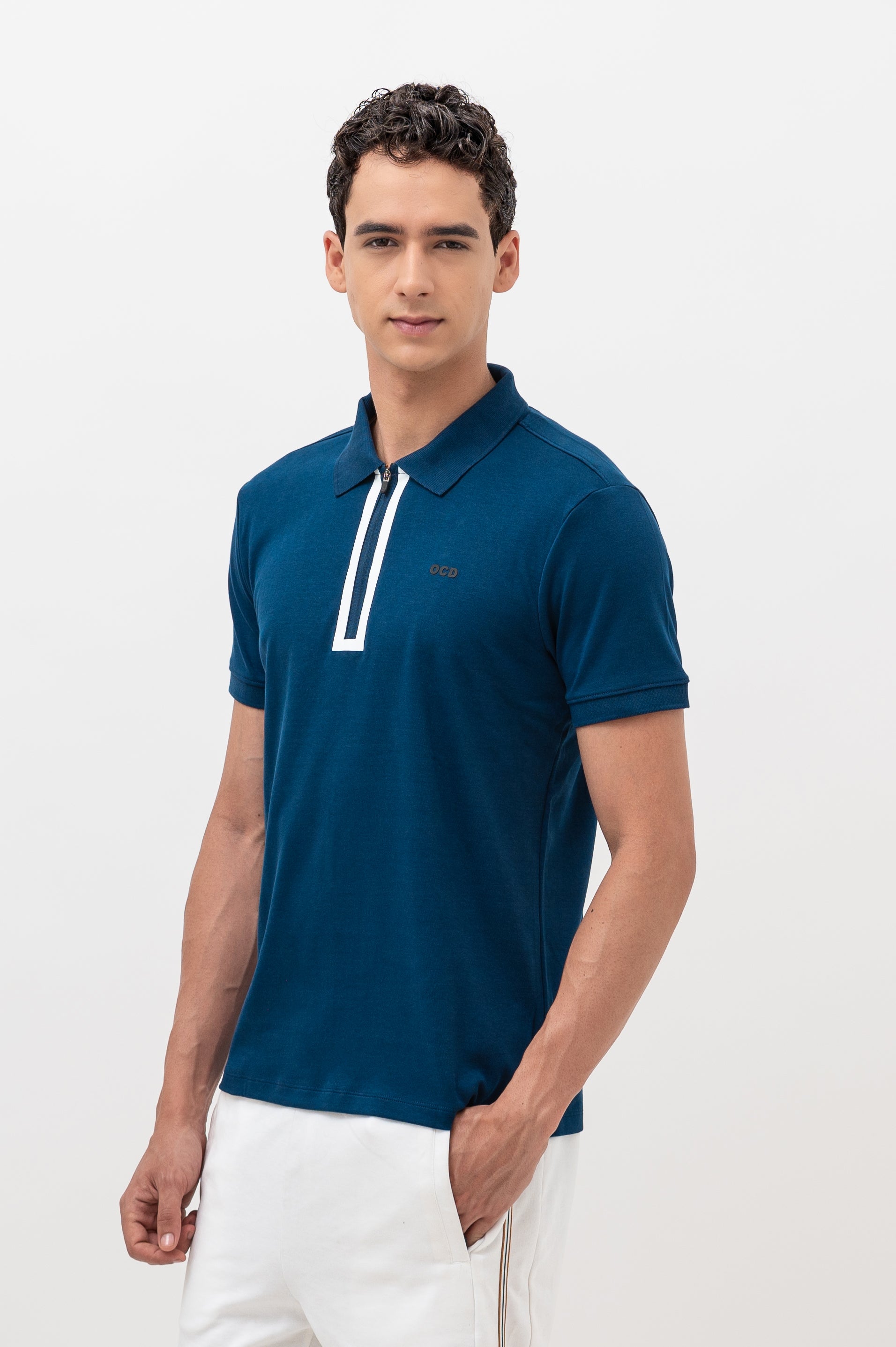 Mens Polo Neck Half Sleeve T-Shirt with  Print & Fused Collar & Placket Navy