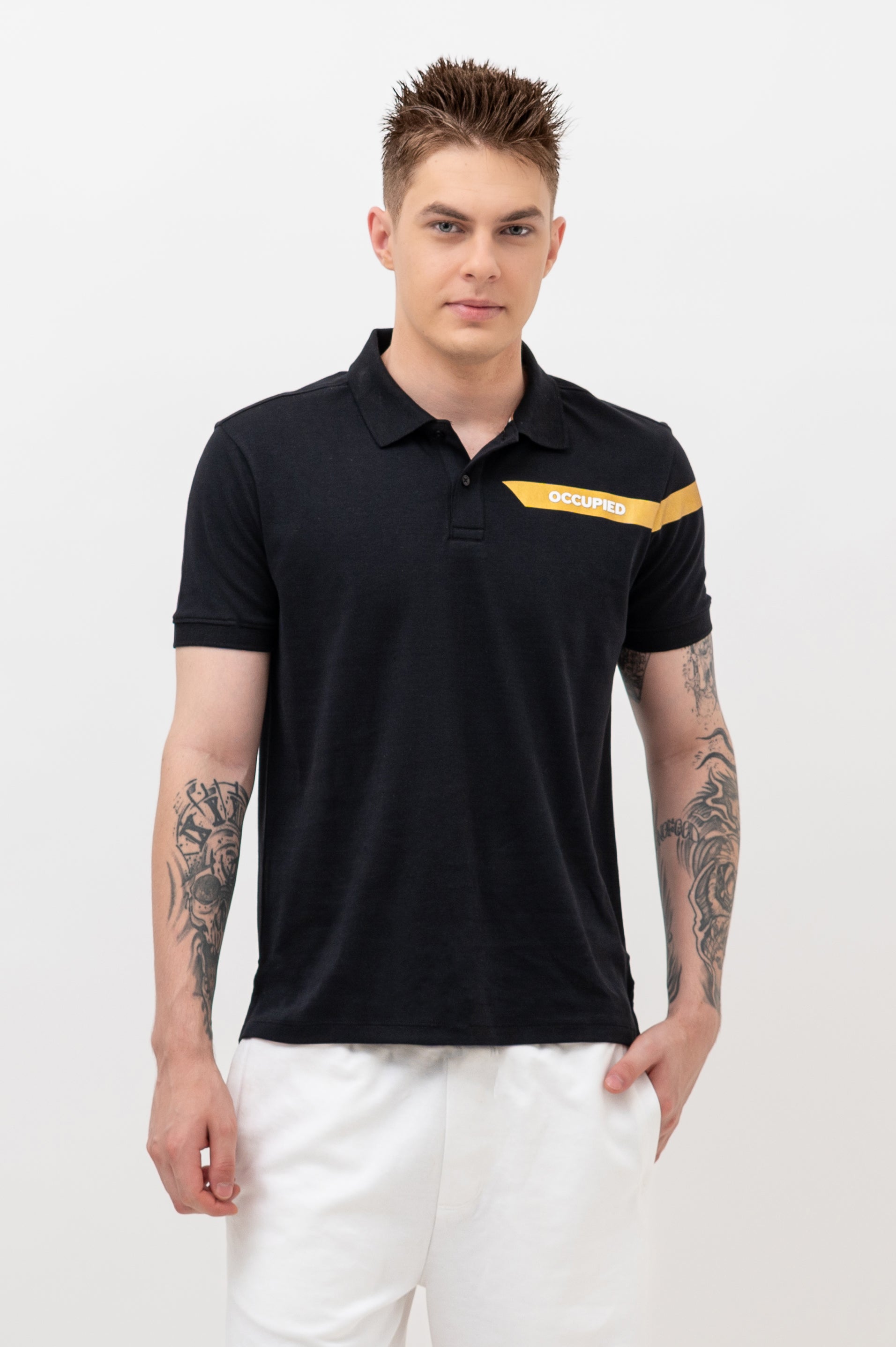 Mens Polo Neck Half Sleeve T-Shirt with Open Placket & HD Badge Black