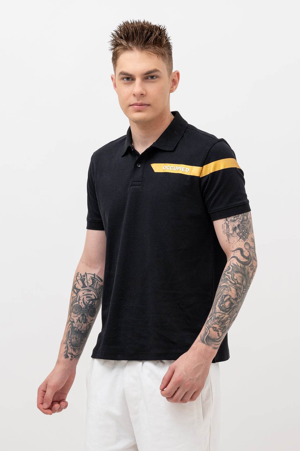 Mens Polo Neck Half Sleeve T-Shirt with Open Placket & HD Badge Black